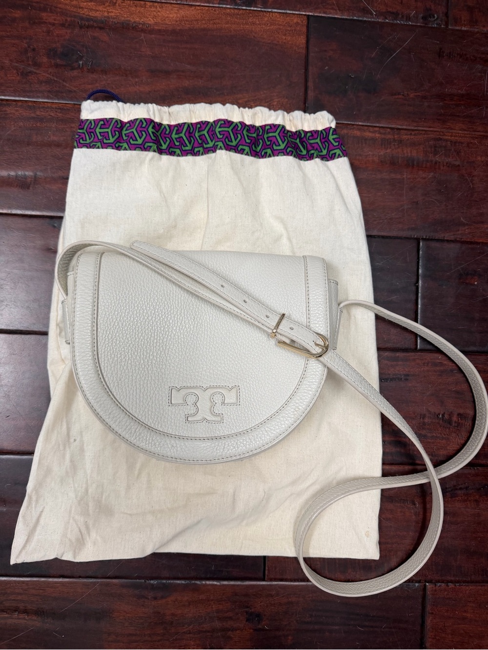 Tory Burch Cream Pebbled Leather Saddle Crossbody